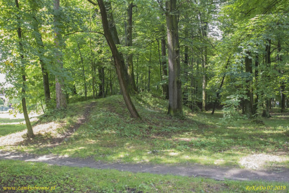 Dwór obronny w Łodygowicach pozostałości ziemnych umocnień.